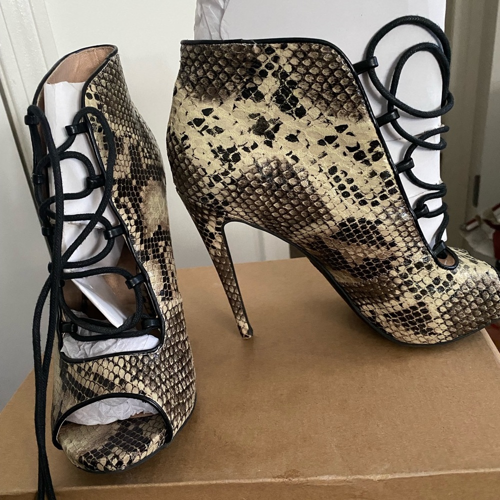 High heel lace up booties snake skin